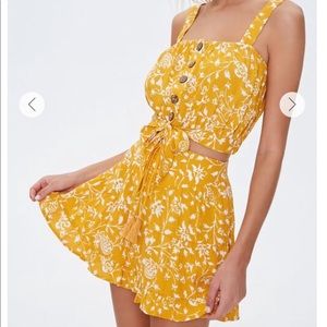 Floral Button-Front Crop Top & Lace-Up Mini Skirt